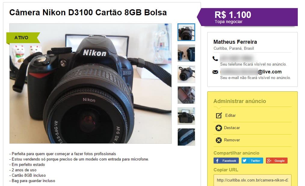 anuncio-olx-camera-nikon-d3100-publicado-1100-reais-blog-geek-publicitario