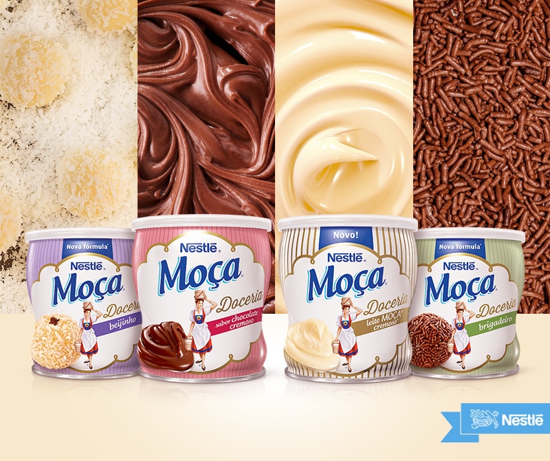 Imagem dos produtos da linha MOÇA Doceria da Nestlé, incluindo Leite MOÇA Cremoso, MOÇA Brigadeiro, MOÇA Beijinho e MOÇA Chocolate Cremoso, com diversos elementos de sobremesas ao fundo.