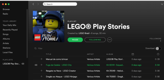 Hoje mais do que nunca os brinquedos tem que competir com telas digitais pela atenção das crianças. Sabendo disso, a Lego lança playlist no Spotify.
