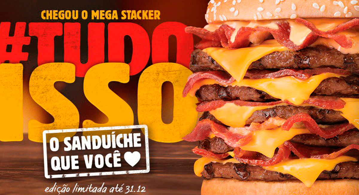 Burger King Lan A Mega Stacker Com Hamb Rgueres Fatias De Bacon Queijo E Molho Gkpb