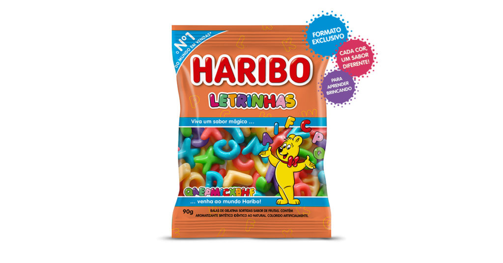 Embalagem do novo produto da Haribo. Balinhas de gelatina no formato de letrinhas.