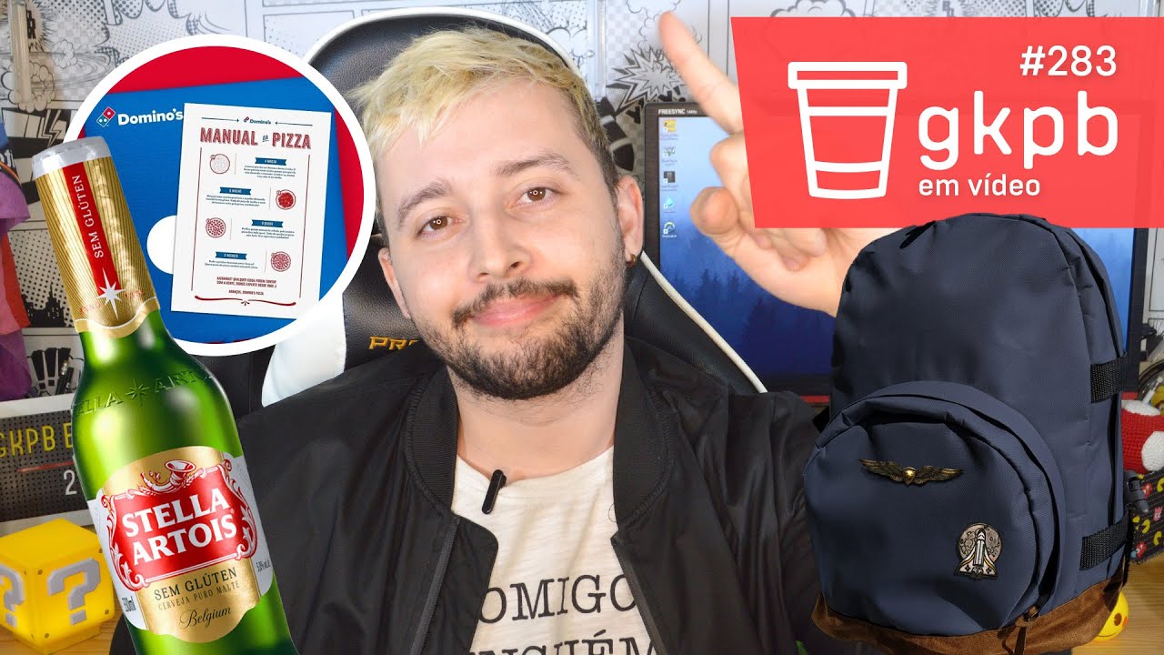 imagem de destaque do GKPB Em Vídeo mostrando manual de pizzas da Domino's, stella artois sem glúten e mochila da ellie