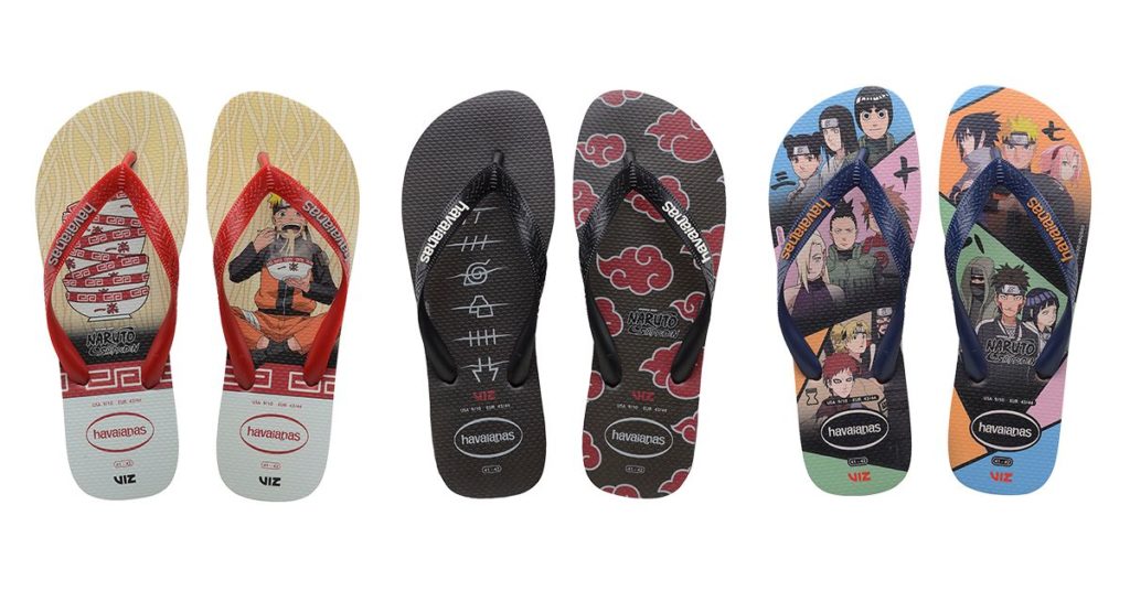 Imagem mostra três pares de chinelos Havaianas com diferentes estampas inspiradas em Naruto.