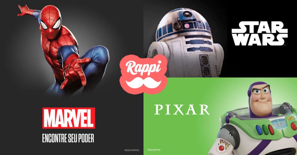 loja-disney-rappi-brasil Imagem mostra personagens Homem-Aranha, R2-D2 e BuzzLightyear, acompanhados de logo do Rappi.