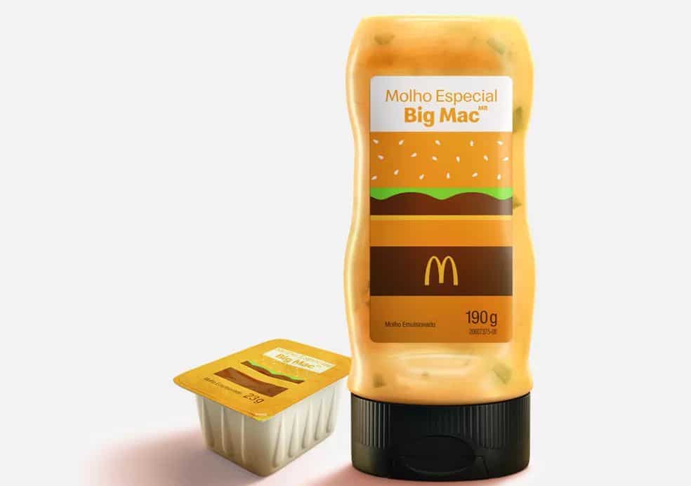 Embalagens de molho Big Mac no fundo branco e tamanhos 190g e 23g.