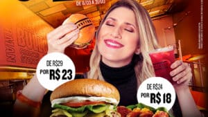 Foto com Dani Calabresa com os itens da nova linha, e os valores da promoção de aniversário da Bullguer.