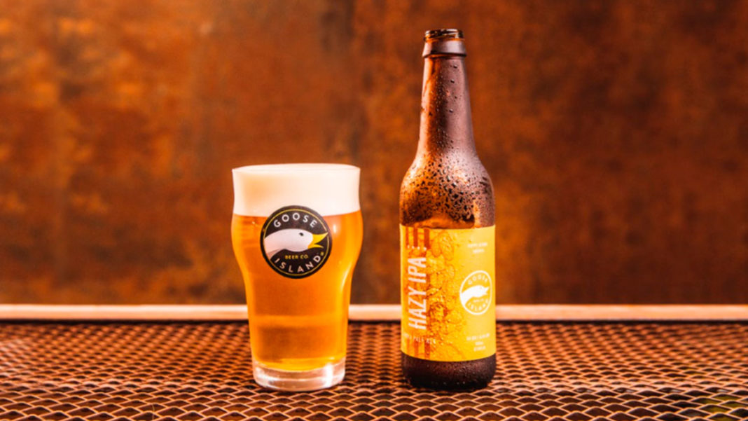 Um copo e uma garrafa de Goose Island Hazy IPA.