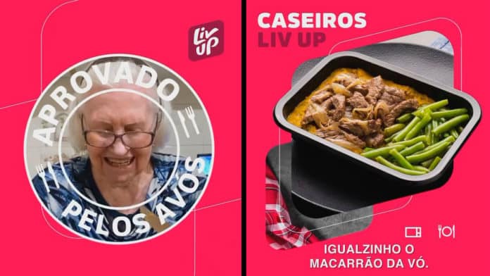 Duas fotos para a nova campanha da Live Up, uma com o selo de aprovado pelos avós, e a outra a foto de um dos prato da nova linha.