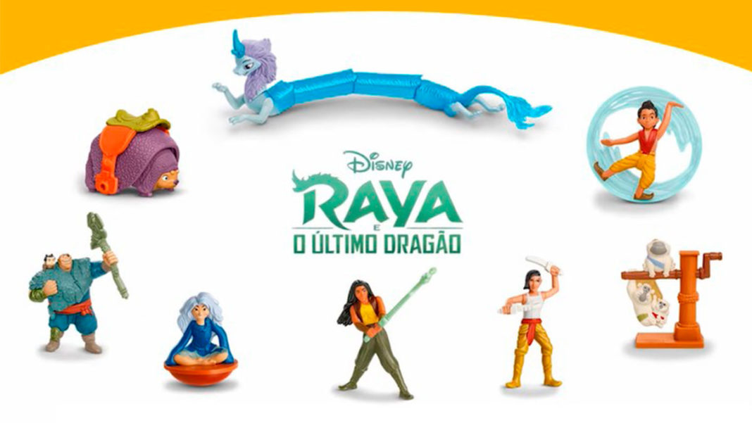 Novos brindes do McLanche Feliz temático do filme Raya e o Último Dragão.