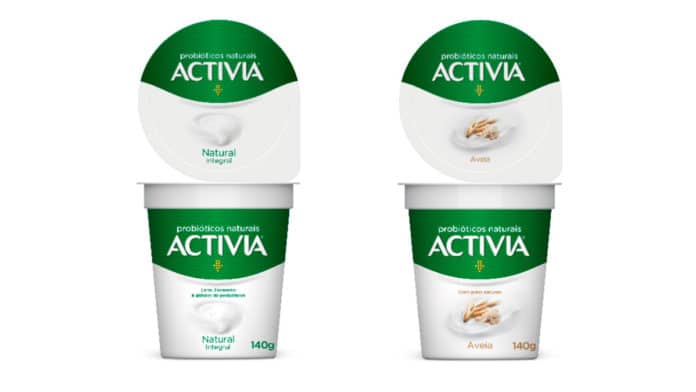 Embalagens dos novos iogurtes natural e aveia com probióticos da Activia.