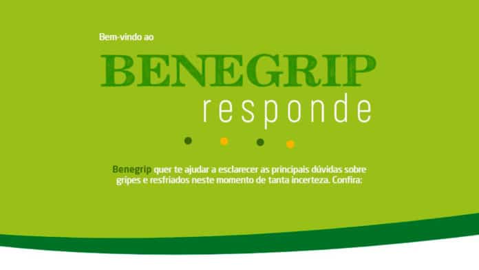 Site da campanha Benegrip Responde, em que a marca tira dúvidas sobre a gripe e COVID-19.