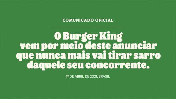 Comunicado falso do Burger King no Dia da Mentira. Nele está escrito: