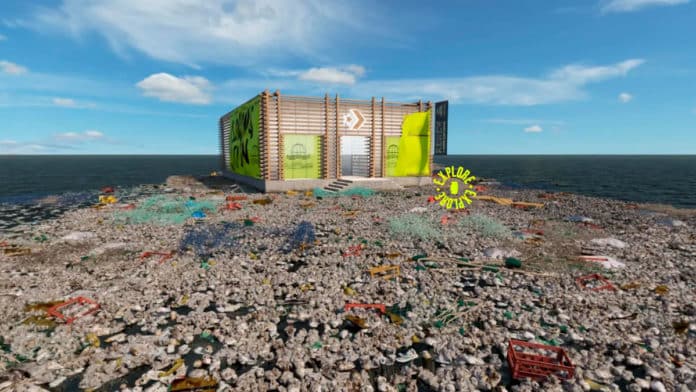 Na foto, a loja virtual da Converse no meio do lixo da Ilha de Lixo do Pacífico.