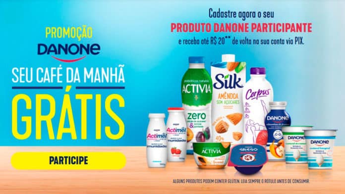 Banner da promoção Seu Café da Manhã Grátis da Danone. Foto com o logo, informações e produtos da promoção.