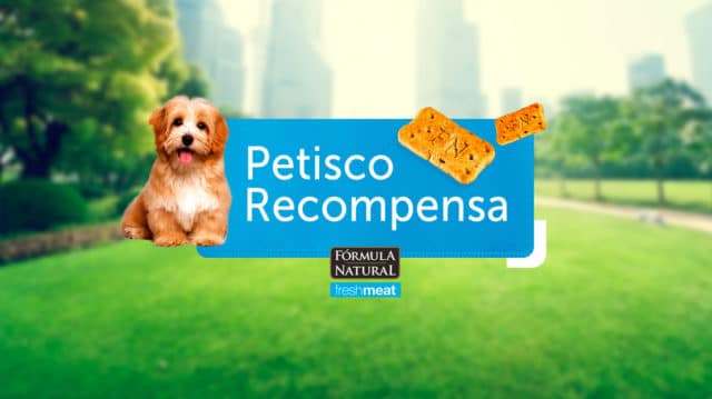 Foto de divulgação da campanha. Ao fundo da imagem um parque aberto, e no centro o logo da ação com um cachorro do lado esquerdo e petiscos do lado direito, entre eles a frase: "Petisco Recompensa. Fórmula Natural Fresh Meat".