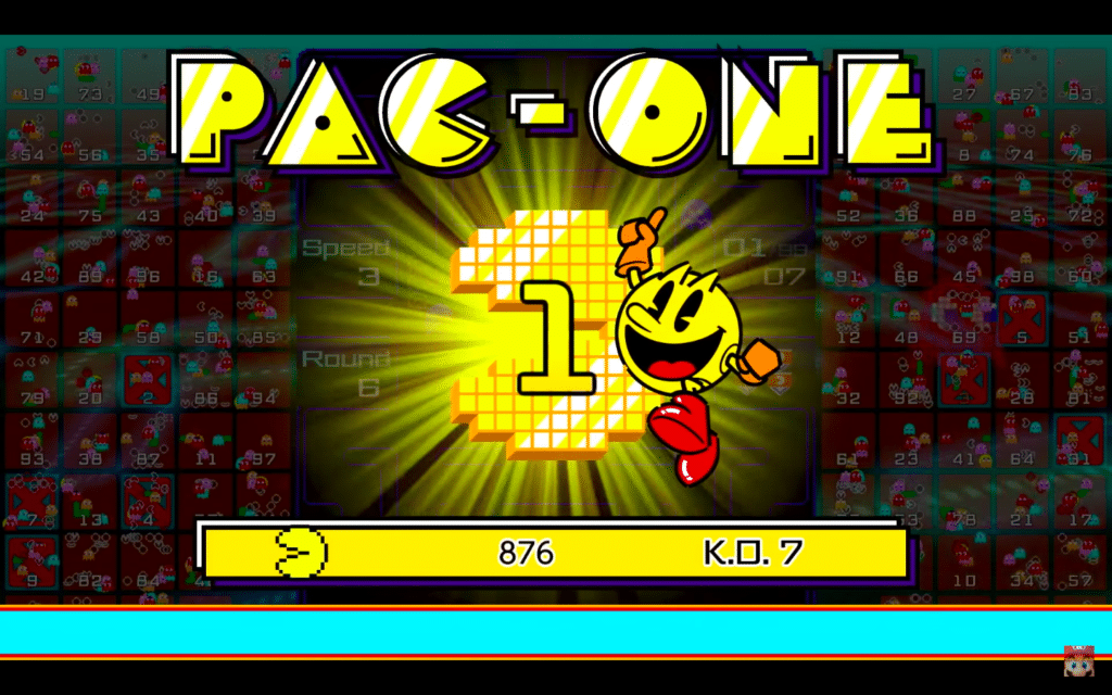 Tela novo jogo Pac-Man 99 onde mostra o vencedor entitulado como "Pac-One"