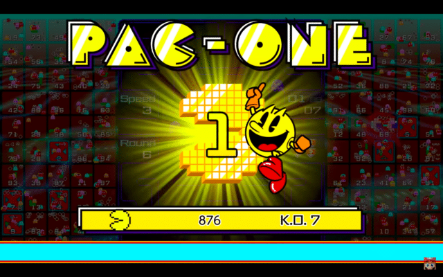 Tela novo jogo Pac-Man 99 onde mostra o vencedor entitulado como "Pac-One"