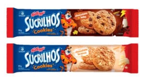 Embalagens dos Cookies Sucrilhos gotas de chocolate ao leite de branco da Kellogg's.