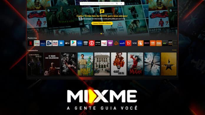 Banner do Mixme, um guia de filmes e séries. Ao fundo uma foto do site deles com uma frase e logo a frente: