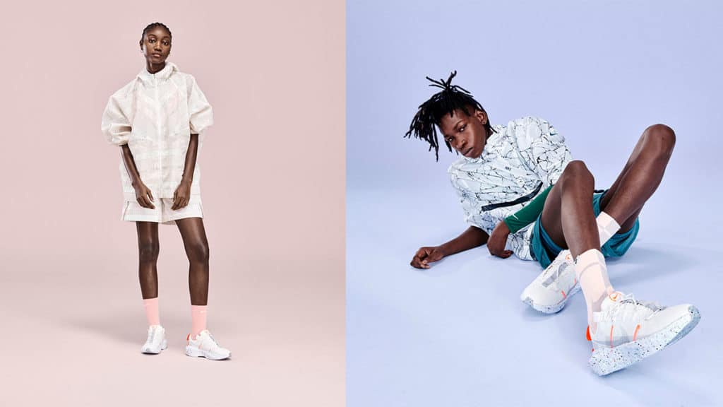 A foto apresenta dois modelos usando a linha sustentável da Nike.