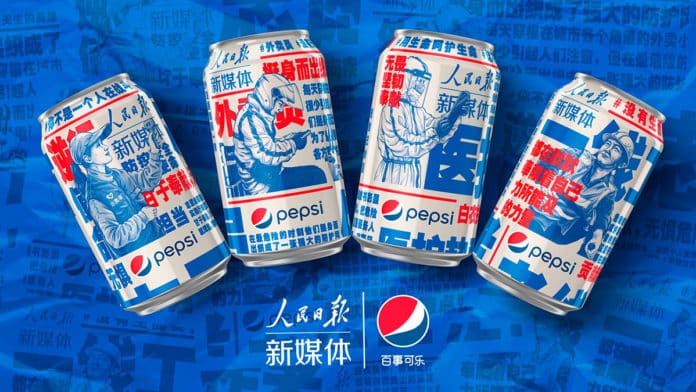 Banner das latas da Pepsi em homenagem a linha de frente contra o Coronavírus.