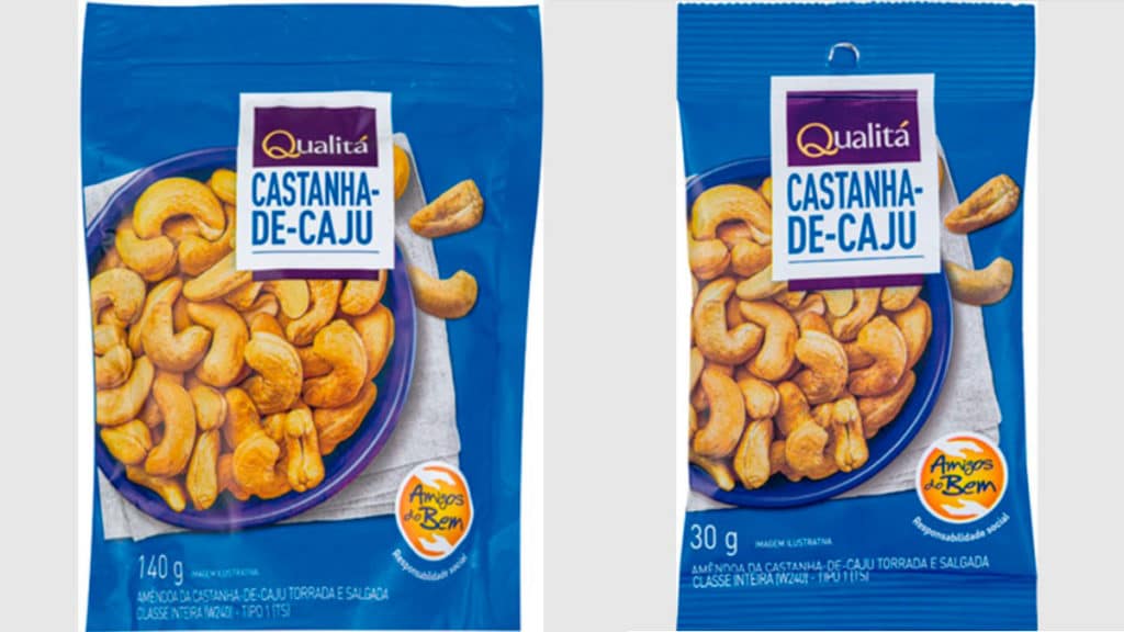 qualita-amigos-bem Embalagem pequena e grande de castanha de caju da Qualitá com Amigos do Bem.