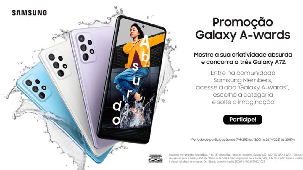 Banner da promoção "Galaxy A-wards", que vai dar um Samsung Galaxy A72 para membros da Samsung Members.