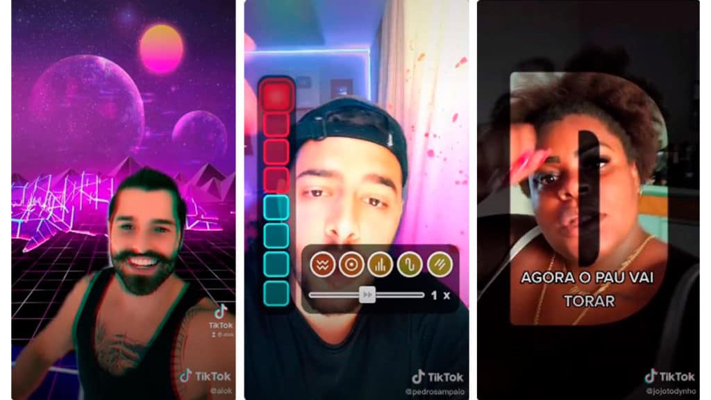 Alok, Pedro Sampaio e Jojô Todynho usando os efeitos do TikTok que interagem com as batidas das músicas.