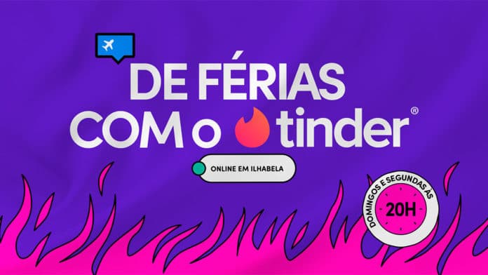 Banner da ação de Tinder com participantes do De Férias com o Ex. Uma foto com fundo roxo e um fogo rosa na parte inferior da imagem, a frente a frase
