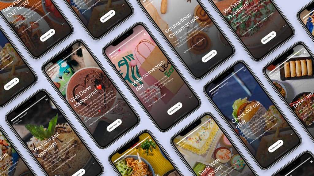 uber-eats-instagram-stories Foto de divulgação para a integração com o Instagram e os stories comerciais da Uber Eats. Uma foto com vários celulares abertos nos stories.
