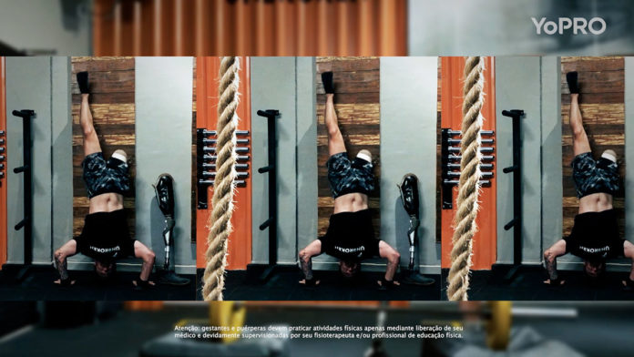 Foto de divulgação da campanha de posicionamento da YoPRO. A foto apresenta Ricardo Allgayer se exercitando na academia.