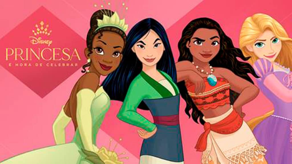 Foto de divulgação da campanha de empoderamento da Disney. A foto apresenta as princesas da Disney ao lado da frase "Disney Princesas, é hora de celebrar".