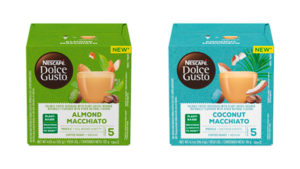 Lançamentos de bebidas vegetais da Nescafé Dolce Gusto. A esquerda o Macchiato Amêndoas e a direita o Macchiato Coco.
