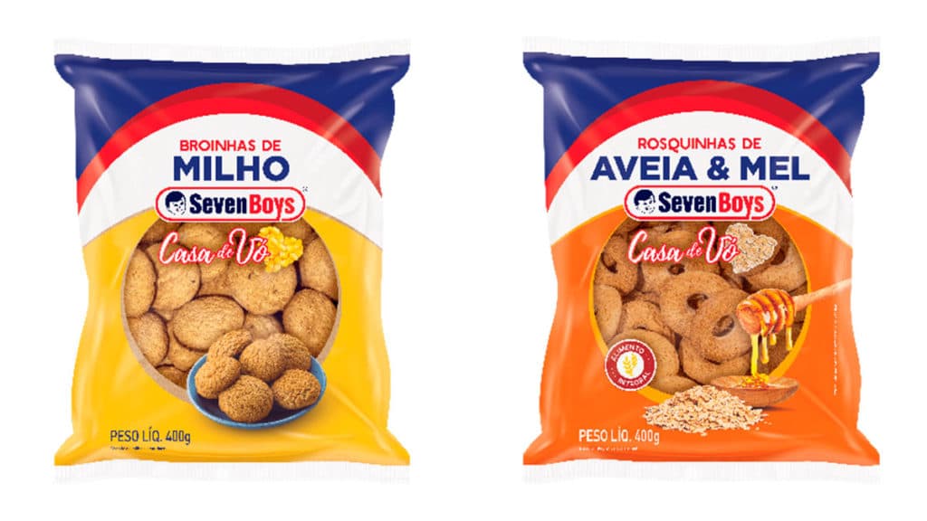 A foto apresenta a Broinha de Milho e a Rosquinha Aveia & Mel Casa de Vó da Seven Boys.
