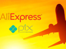A foto apresenta um fundo de céu laranja com um avião, ao lado do logo do AliExpress e do PIX.