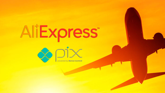 A foto apresenta um fundo de céu laranja com um avião, ao lado do logo do AliExpress e do PIX.