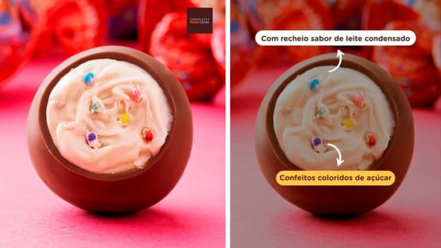 A foto é uma montagem de duas fotos da Trufa de Leite Condensado de Dia das Crianças da Chocolates Brasil Cacau, que em uma foto mostra em close a trufa aberta e na outra, também em close, indica os recheios e confeitos da trufa.