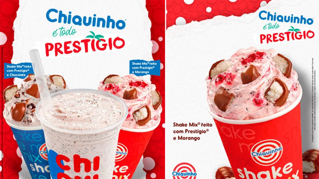 chiquinho-sobremesas-de-prestigio A foto apresenta um fundo com a estampa da embalagem de Prestígio e todas as sobremesas de Chiquinho em destaque.