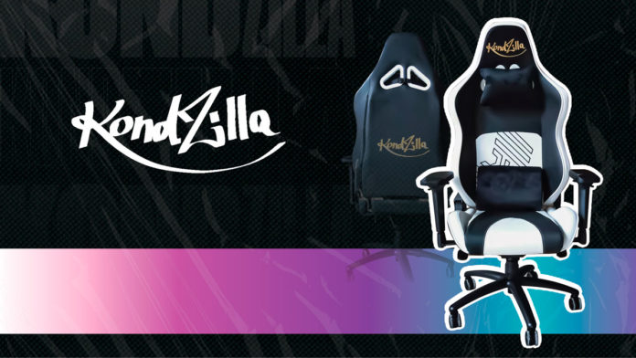 A foto apresenta a cadeira da Dazz com Kondzilla, em um fundo preto e uma faixa colorida, com o logo da produtora musical ao lado.