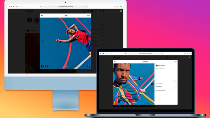 A foto apresenta um desktop e um notebook abertos com um post do Instagram, um dos novos recursos de criação da rede social.