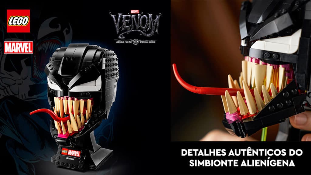 A foto apresenta uma montagem com duas fotos do modelo de LEGO Venom, uma do banner oficial e outra com zoom nos detalhes da boca.