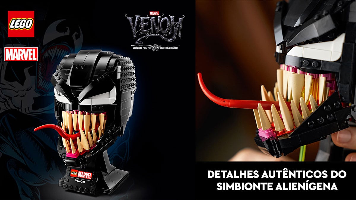 A foto apresenta uma montagem com duas fotos do modelo de LEGO Venom, uma do banner oficial e outra com zoom nos detalhes da boca.
