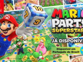 A foto apresenta a capa do jogo de Mario Party Superstars, com um informativo que chegou ao Brasil em português.