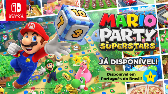 A foto apresenta a capa do jogo de Mario Party Superstars, com um informativo que chegou ao Brasil em português.