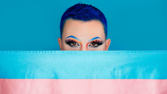 A foto apresenta uma pessoa maquiada com as cores rosa e azul atrás de uma bandeira trans. Foto retirada da pesquisa sobre como movimentos sociais mudaram as empresas.