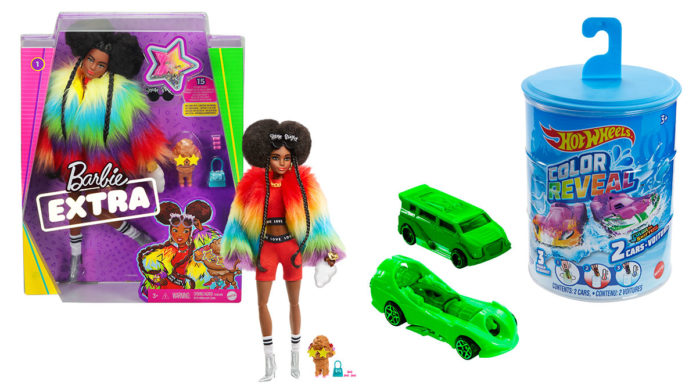 A foto apresenta como dia de presente para o Dia das Crianças uma Barbie Extra negra e um Hot Wheels Color Reveal.