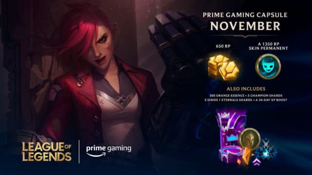 A foto apresenta uma personagem de League of Legends ao lado de novos conteúdos que a parceria do Prime Gaming com a Riot está trazendo.
