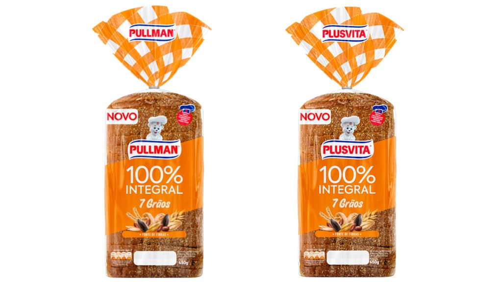 A foto apresenta as embalagens do Pão de Forma 7 Grãos Pullman e Plusvita.
