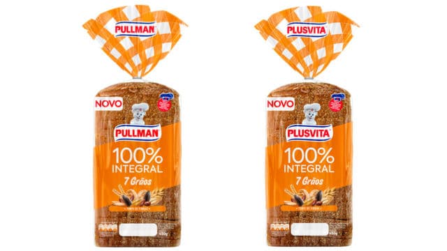 A foto apresenta as embalagens do Pão de Forma 7 Grãos Pullman e Plusvita.