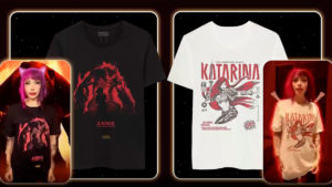 A foto apresenta duas camisetas e seus respectivos filtros da coleção da Renner com League Of Legends.